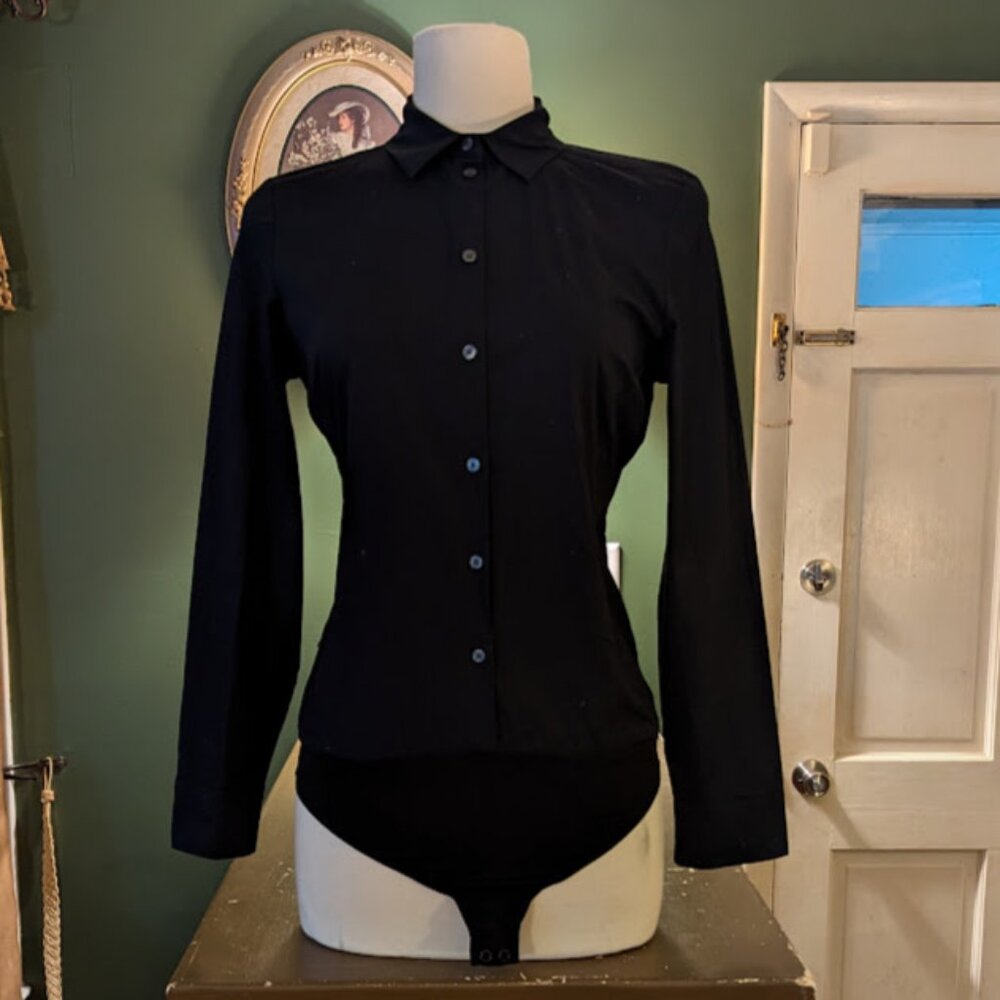 Express S Black Long Sleeve Collared Button Up Bodysuit